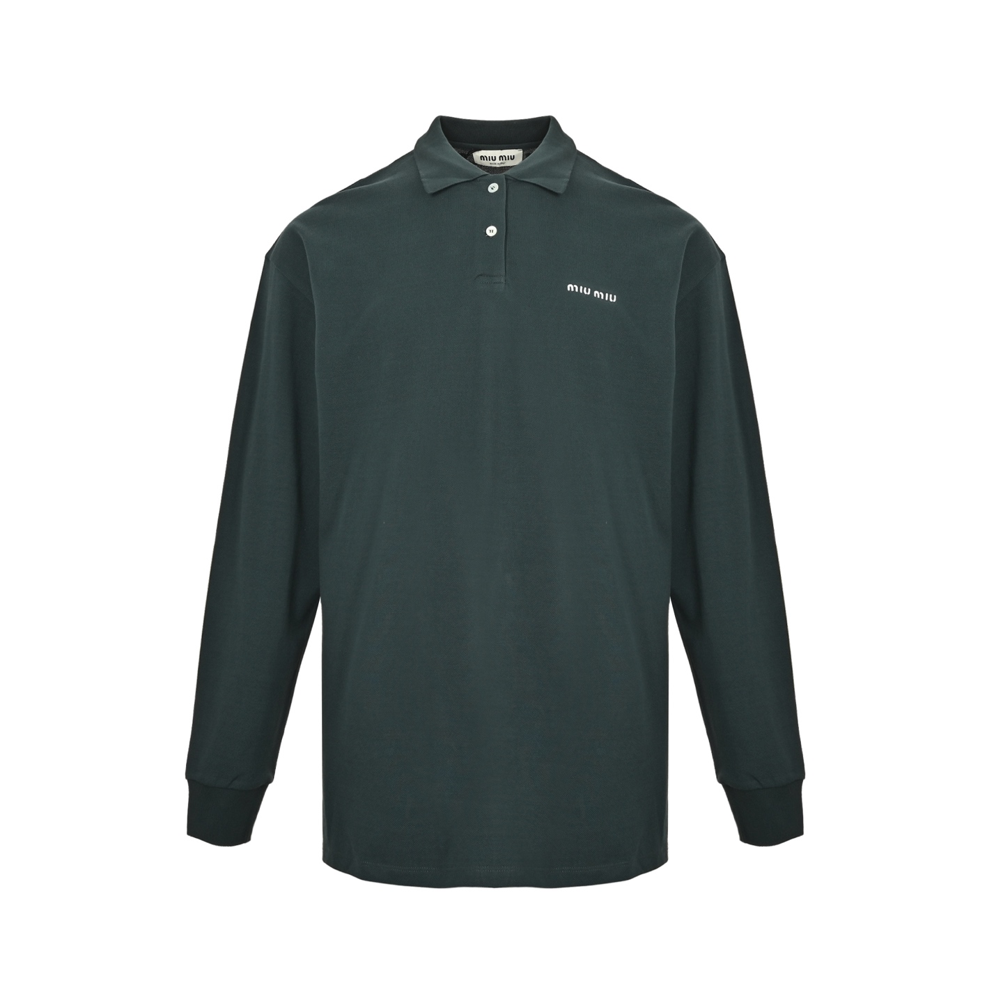 MiuMiu/缪缪 墨绿字母珠地布Polo长袖