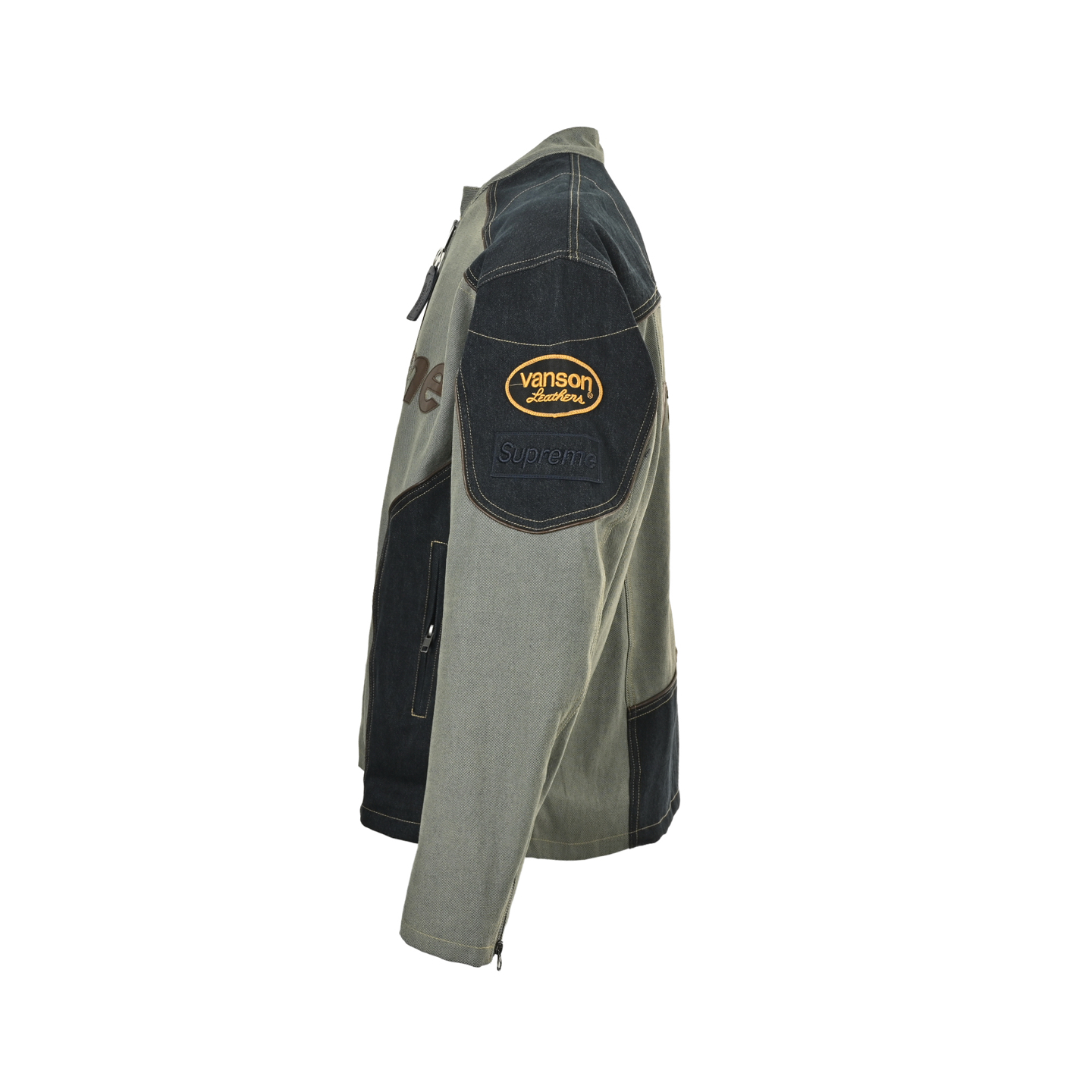 Supreme 三方联名皮革徽标贴花拉链拼接美式夹克外套黑色 白色 牛仔咖色-莆田鞋,莆田鞋货源,高仿鞋,高仿鞋货源,安福档口,莆田高仿鞋,莆田鞋批发,高仿鞋批发,莆田高仿运动鞋,高仿运动鞋,莆田运动鞋 Supreme 三方联名皮革徽标贴花拉链拼接美式夹克外套黑色 白色 牛仔咖色