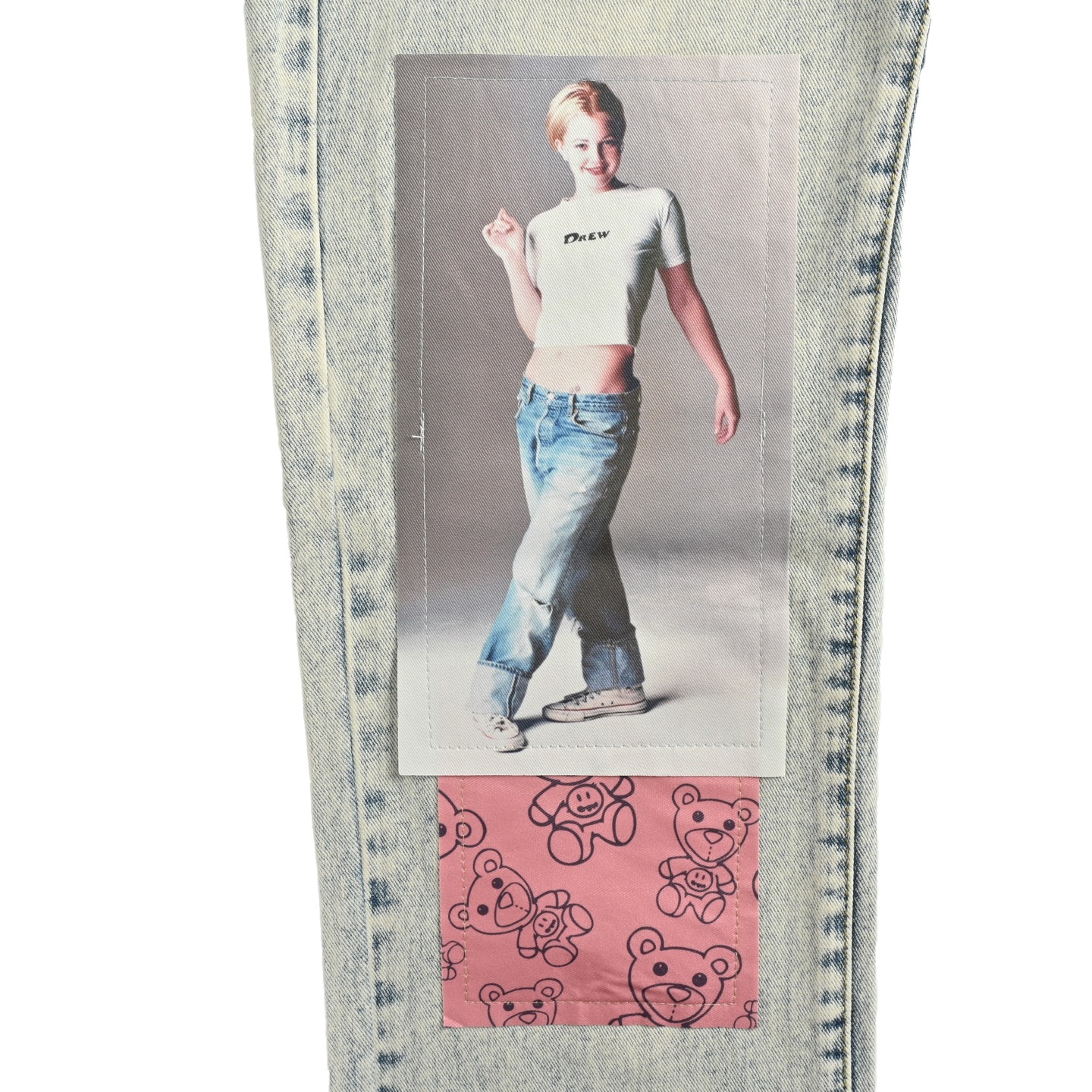 Drew House 笑脸数码图片贴布拼接牛仔裤