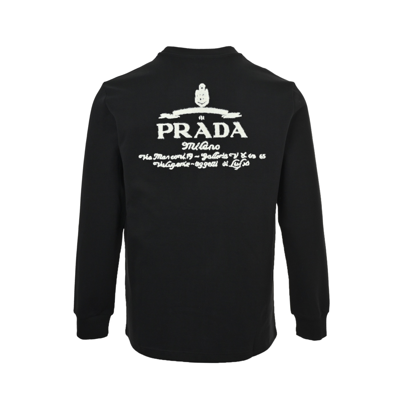 Prada/普拉达 25Fw 后背大logo徽标签名刺绣长袖T恤 黑色 白色-莆田鞋,莆田鞋货源,高仿鞋,高仿鞋货源,安福档口,莆田高仿鞋,莆田鞋批发,高仿鞋批发,莆田高仿运动鞋,高仿运动鞋,莆田运动鞋 Prada/普拉达 25Fw 后背大logo徽标签名刺绣长袖T恤 黑色 白色