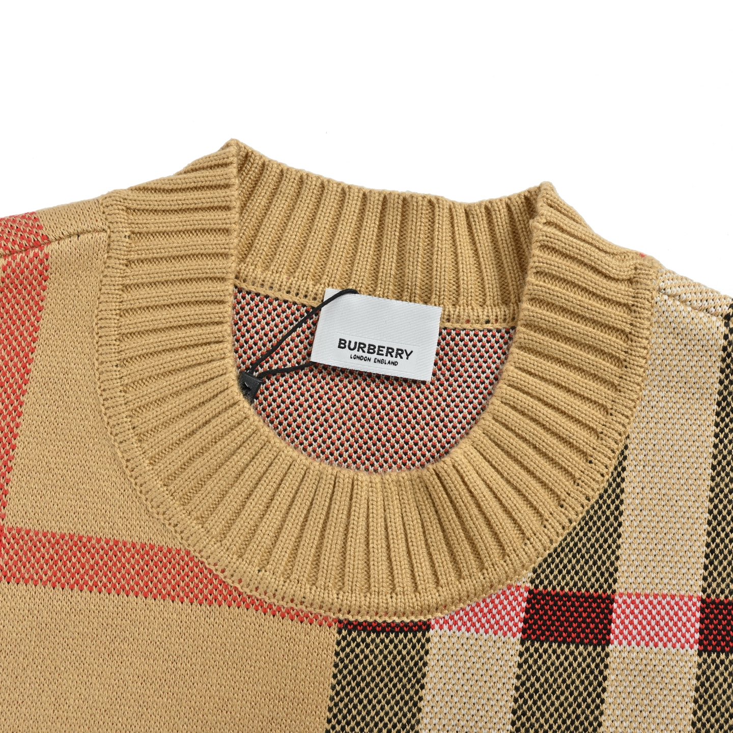 Burberry/巴宝莉 格纹拼条条纹针织毛衣 卡其