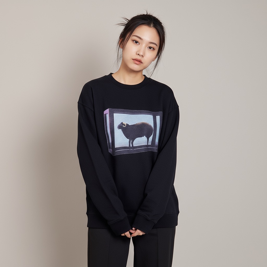 #Supreme 绵羊图案印花圆领卫衣上身效果