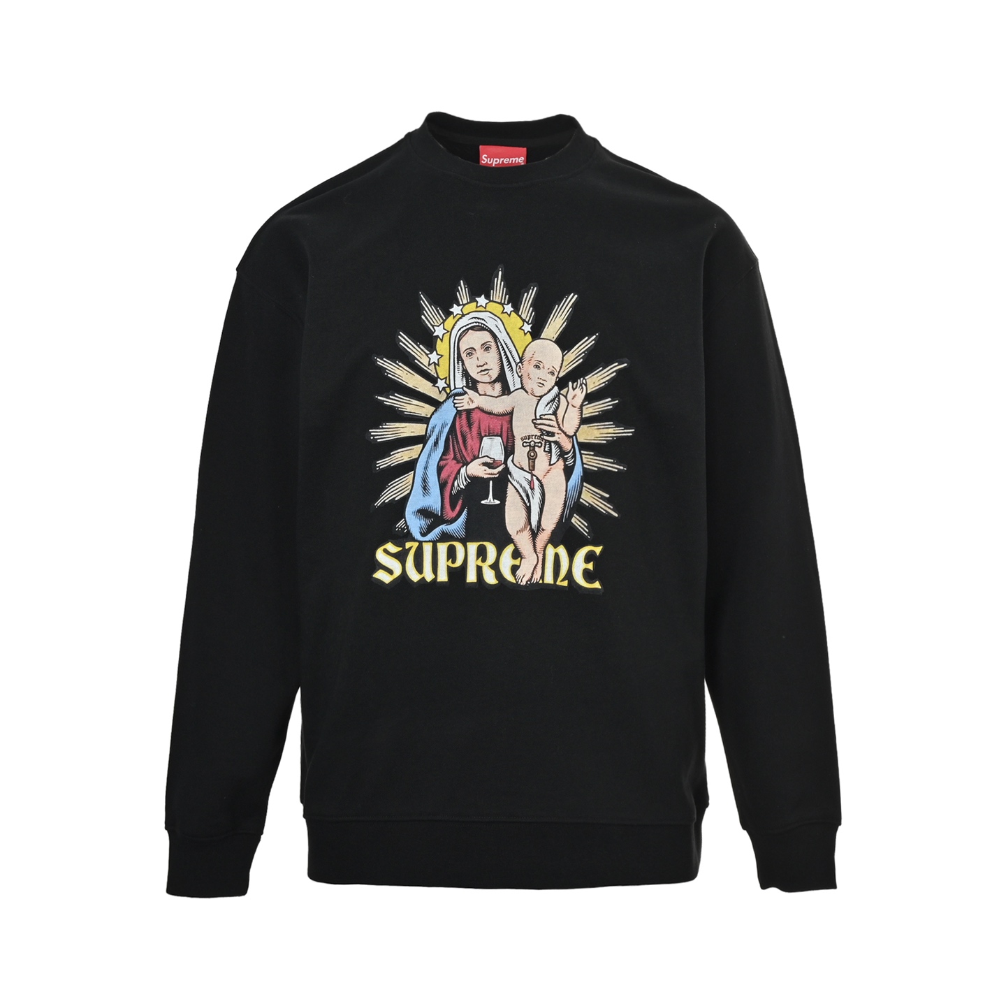 本地自取：💰200
Supreme Varsity Tee 卡通logo字母印花圆领卫衣
颜色：黑色
穿着方式：圆领
面料：棉
Size:S-XL