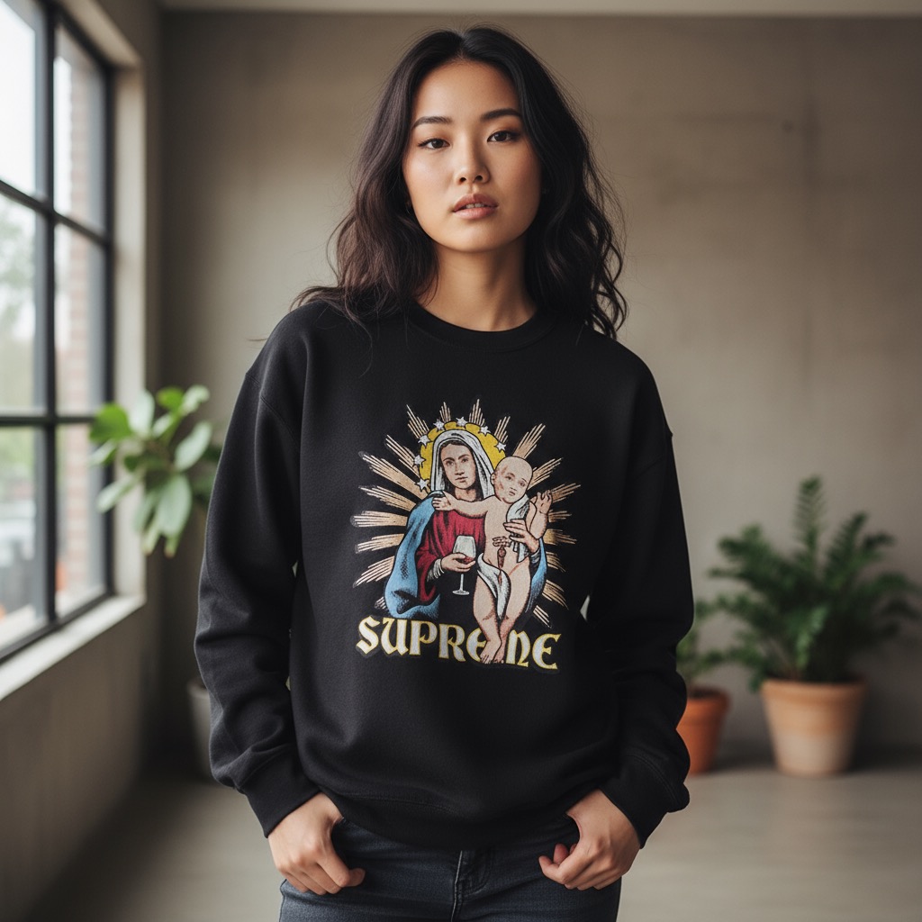 #Supreme Varsity Tee 卡通logo字母印花圆领卫衣上身效果