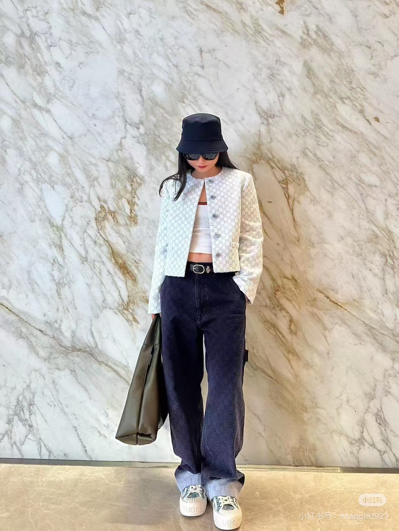 #Gucci/古驰 暗纹满印提花渐变牛仔裤上身效果