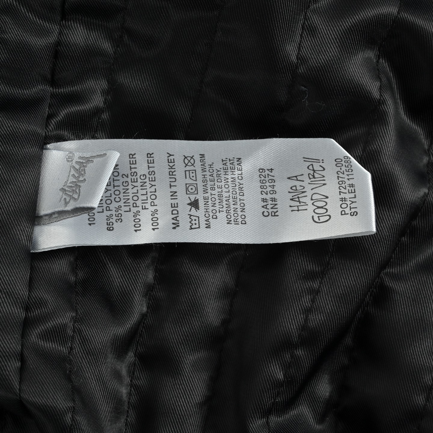 Stussy/斯图西 水洗做旧字母刺绣Logo拉链棉服外套