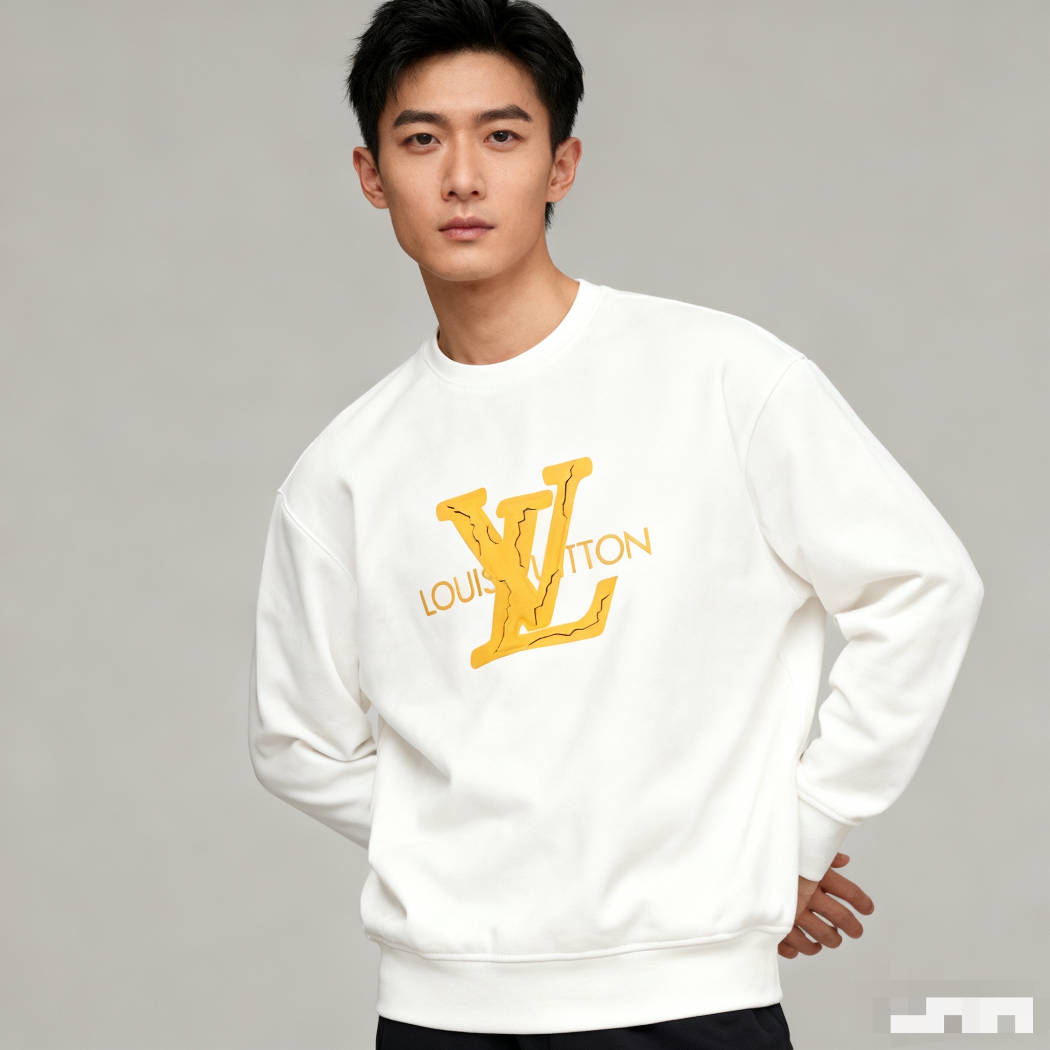 #Louis Vuitton/路易威登 25Fw 立体logo印花圆领卫衣上身效果