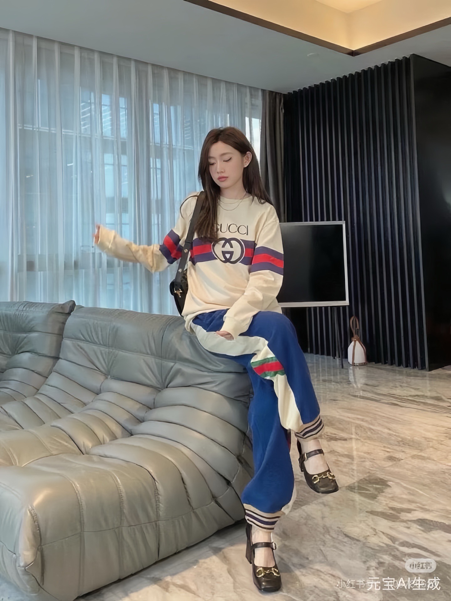 #Gucci/古驰 双G互扣腰带字母印花圆领卫衣上身效果