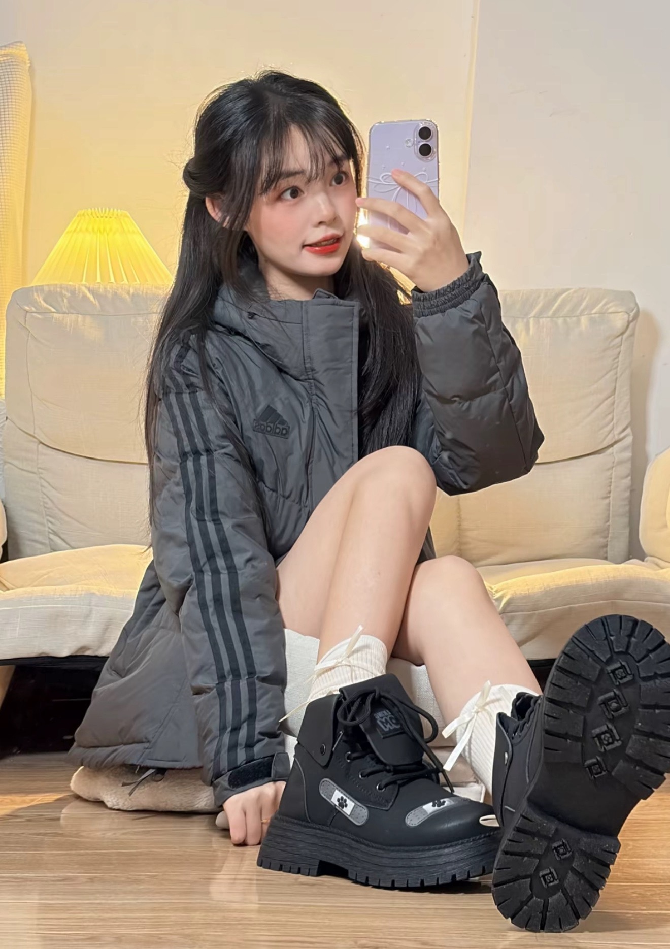 #Adidas/阿迪达斯 男女情侣款连帽羽绒服上身效果