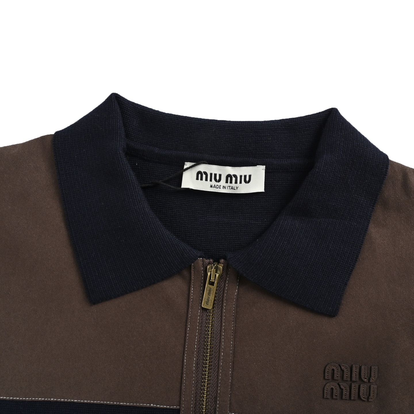 Miu Miu/缪缪 棕蓝皮革徽标拉链开衫外套