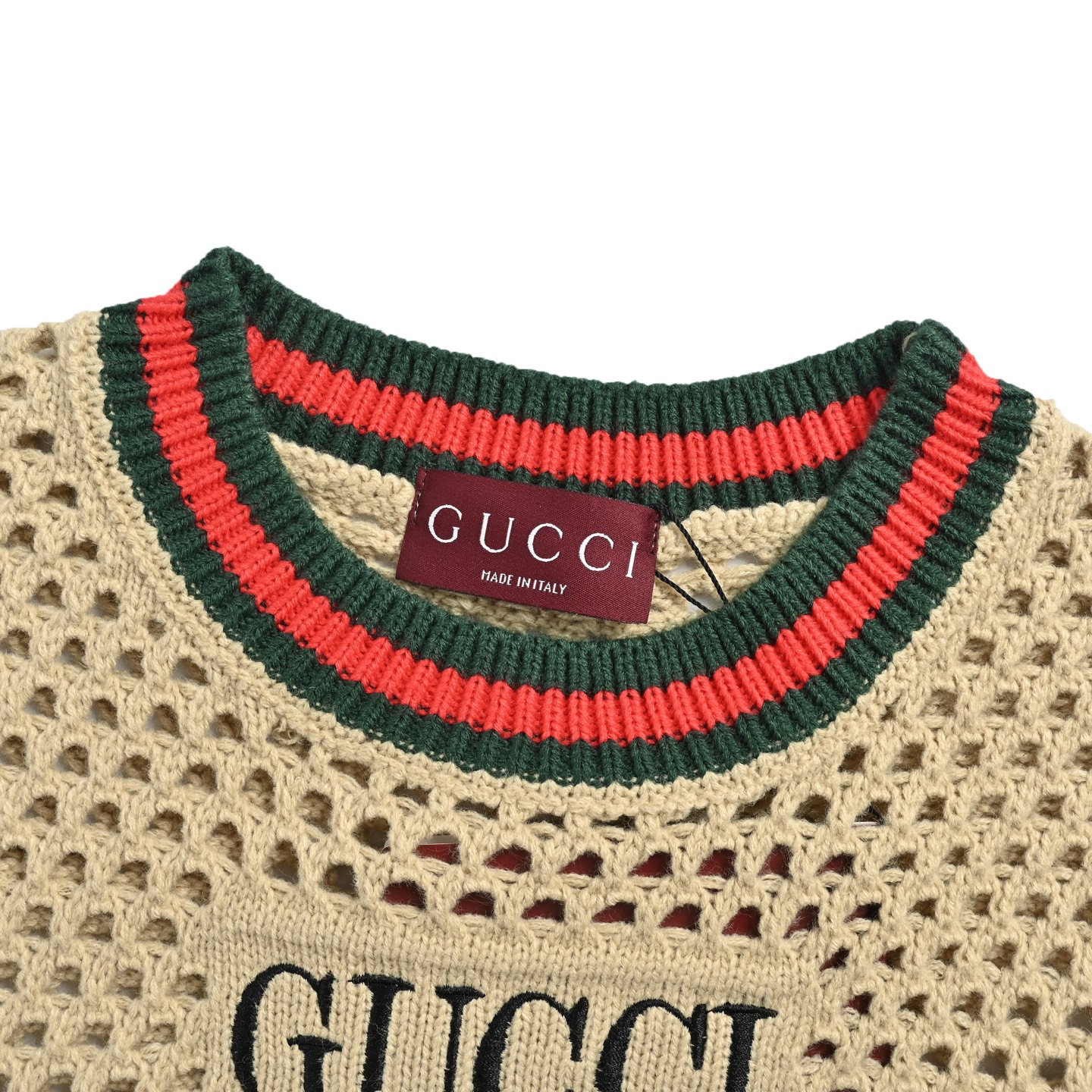 Gucci/古驰 复古镂空短袖针织衫 新版红标 米白底色配红绿条纹 米黄红-Top High Quatity Cheap Sneakers Fashion Clothing Clothes Bags handbags Shoes of all Brand wholesale With The best Quality And Beautiful Price from China Factory Chinese suppliers wholesaler seller Gucci/古驰 复古镂空短袖针织衫 新版红标 米白底色配红绿条纹 米黄红