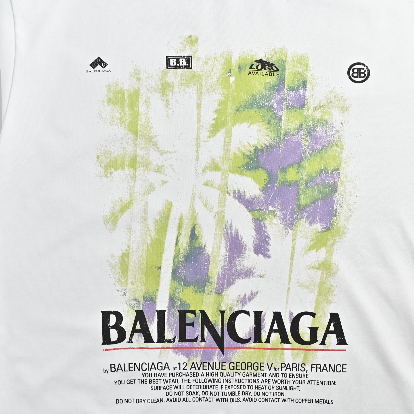 Balenciaga/巴黎世家 26ss 绿紫渐变椰树印花短袖 白色-Chinese UA Cheap High Quatity Brand Clothes Bags handbags Sneakers wholesale wholesaler seller from China Factory suppliers Fashion Clothing Shoes best Quality Beautiful Price Balenciaga/巴黎世家 26ss 绿紫渐变椰树印花短袖 白色
