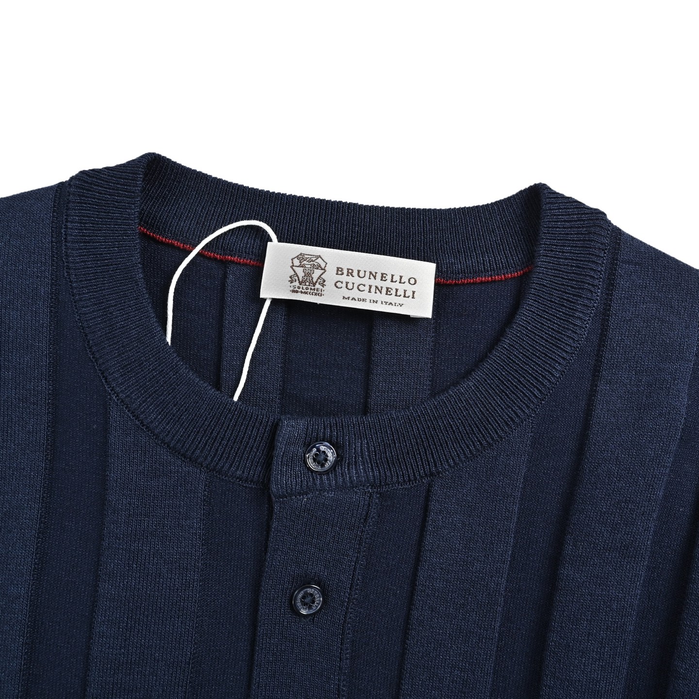 BRUNELLO CUCINELLI/BC纽扣罗纹亨利领针织短袖 麻杏色 藏青色