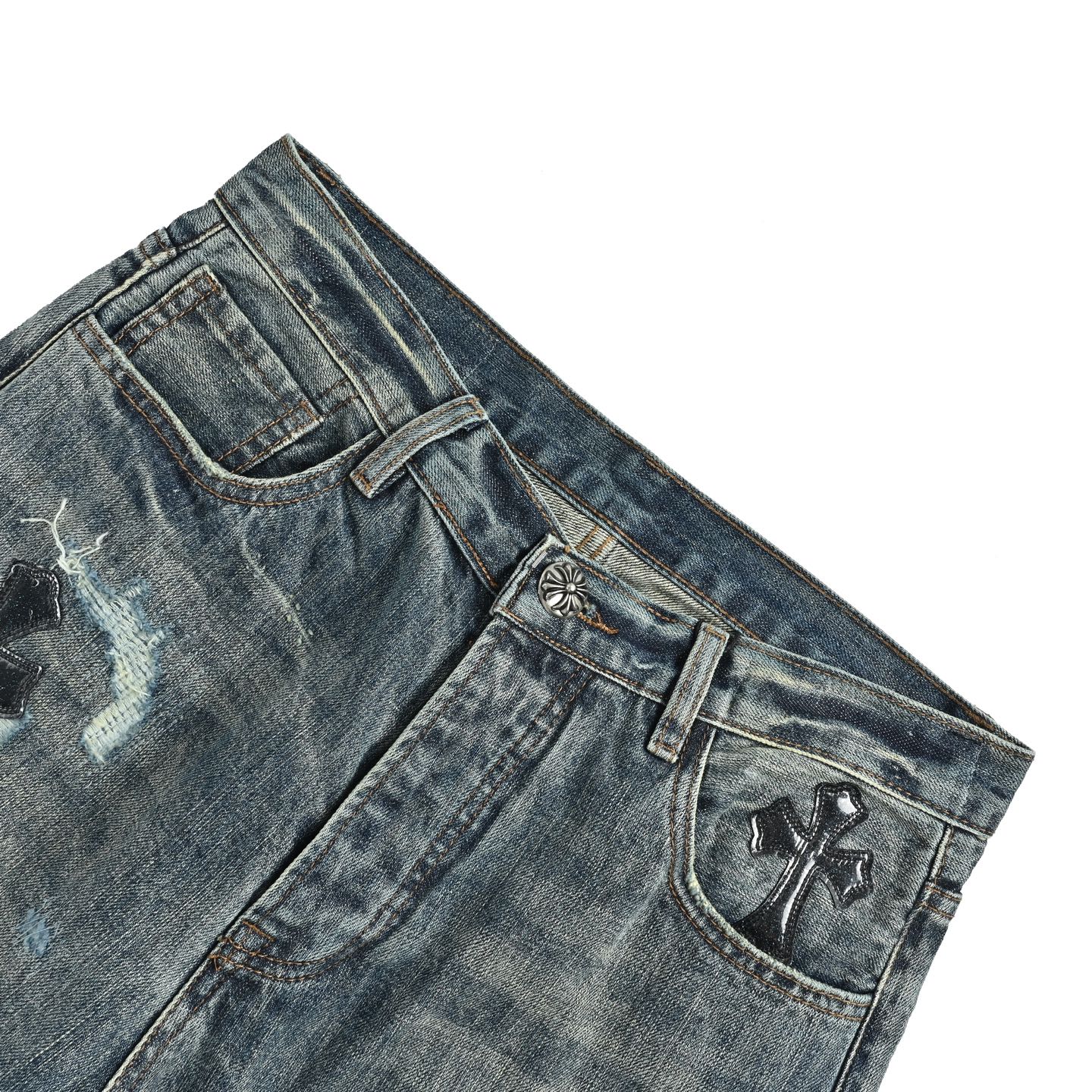CHROME HEARTS/克罗心 十字皮标做旧牛仔裤-莆田鞋,莆田鞋货源,高仿鞋,高仿鞋货源,安福档口,莆田高仿鞋,莆田鞋批发,高仿鞋批发,莆田高仿运动鞋,高仿运动鞋,莆田运动鞋 CHROME HEARTS/克罗心 十字皮标做旧牛仔裤