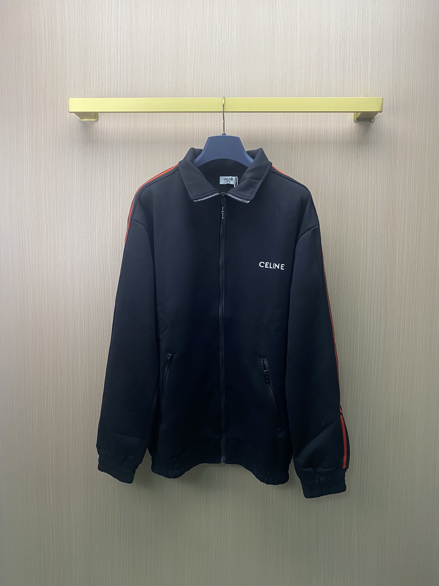 Chaqueta con cremallera y cuello alto unisex de Celine 2024 nuevos con bordado de letras y cinta, tejido con estampado …