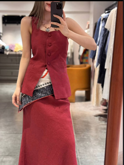 Linen Vest and Midi Skirt Set, French Style, Slim Fit, High Waist 1 Linen Vest and Midi Skirt Set, French Style, Slim Fit, High Waist