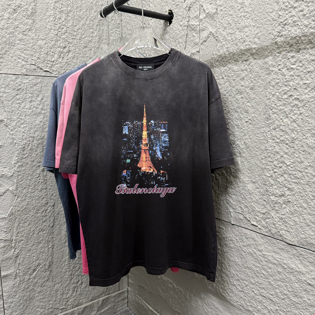 P80 BALENCI*GA París*Nueva temporada de verano 2025, camiseta de manga corta con teñido degradado y efecto desgastado, …