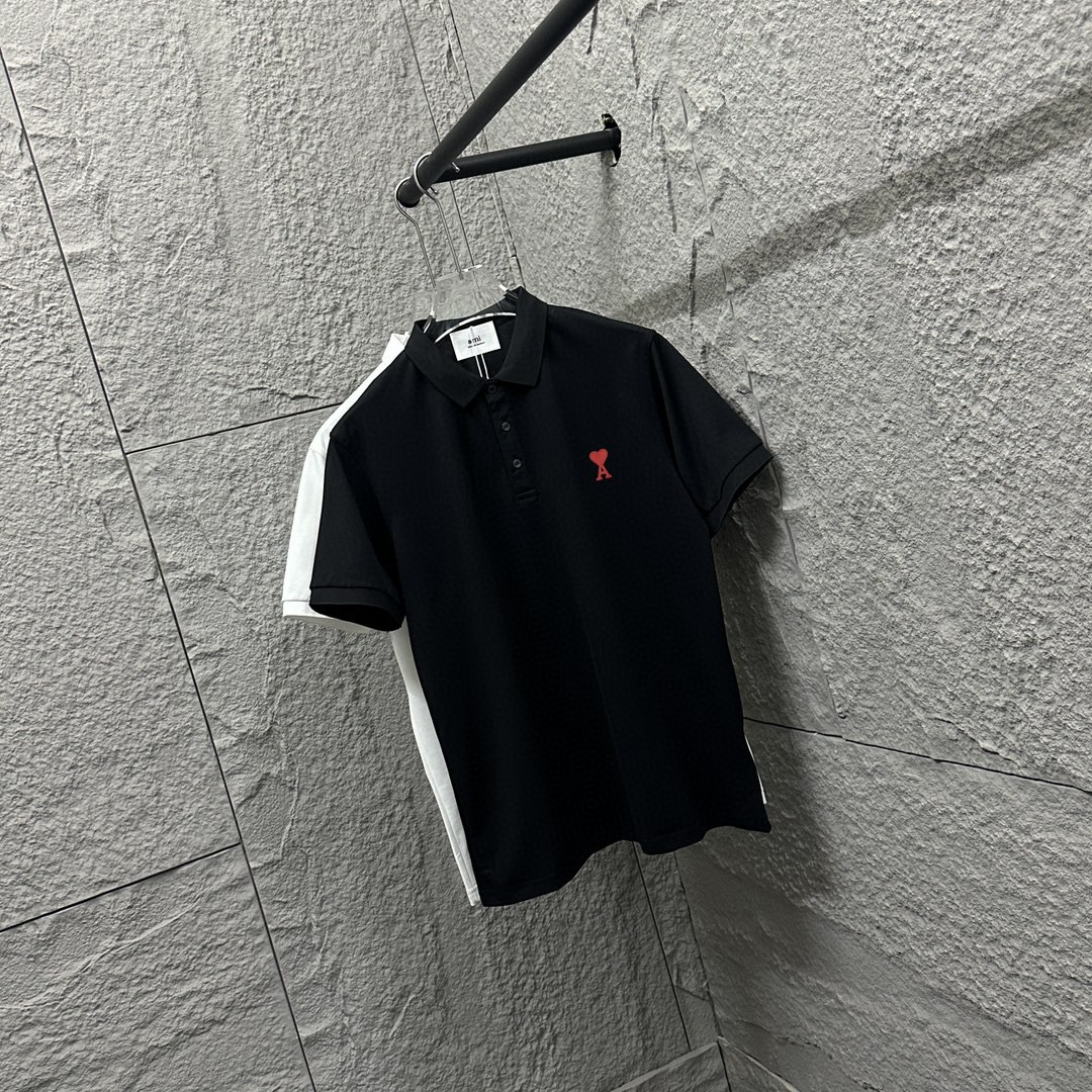 Ami* Polo de manga corta 2025 primavera/verano nuevo estilo, bordado de pequeño corazón con logo simple, tejido de supe…