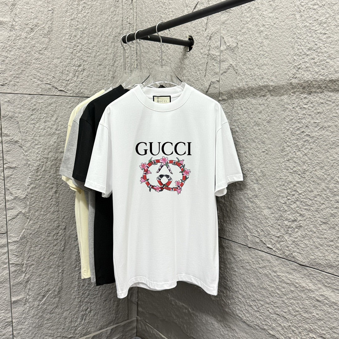 Gu 古*驰 2025 Año de la Serpiente primavera-verano nuevo, estampado de letras doble serpiente G en el pecho, camiseta de …