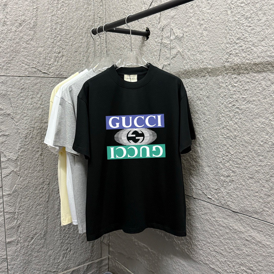 Gu 古*驰 2025 primavera-verano nuevo, estampado de letras doble G en el pecho, camiseta de manga corta, algodón peinado d…
