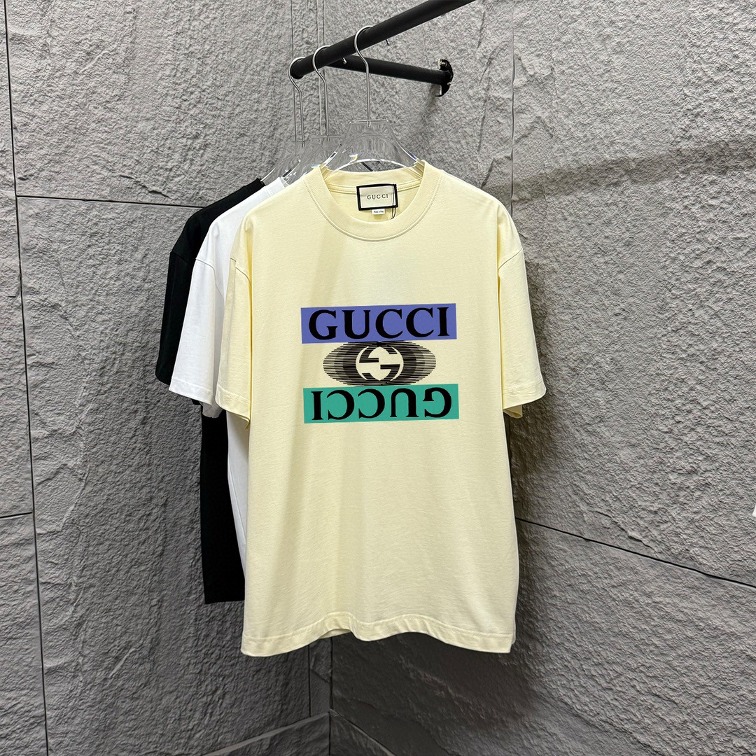 Gu 古*驰 2025 primavera-verano nuevo, estampado de letras doble G en el pecho, camiseta de manga corta, algodón peinado d…