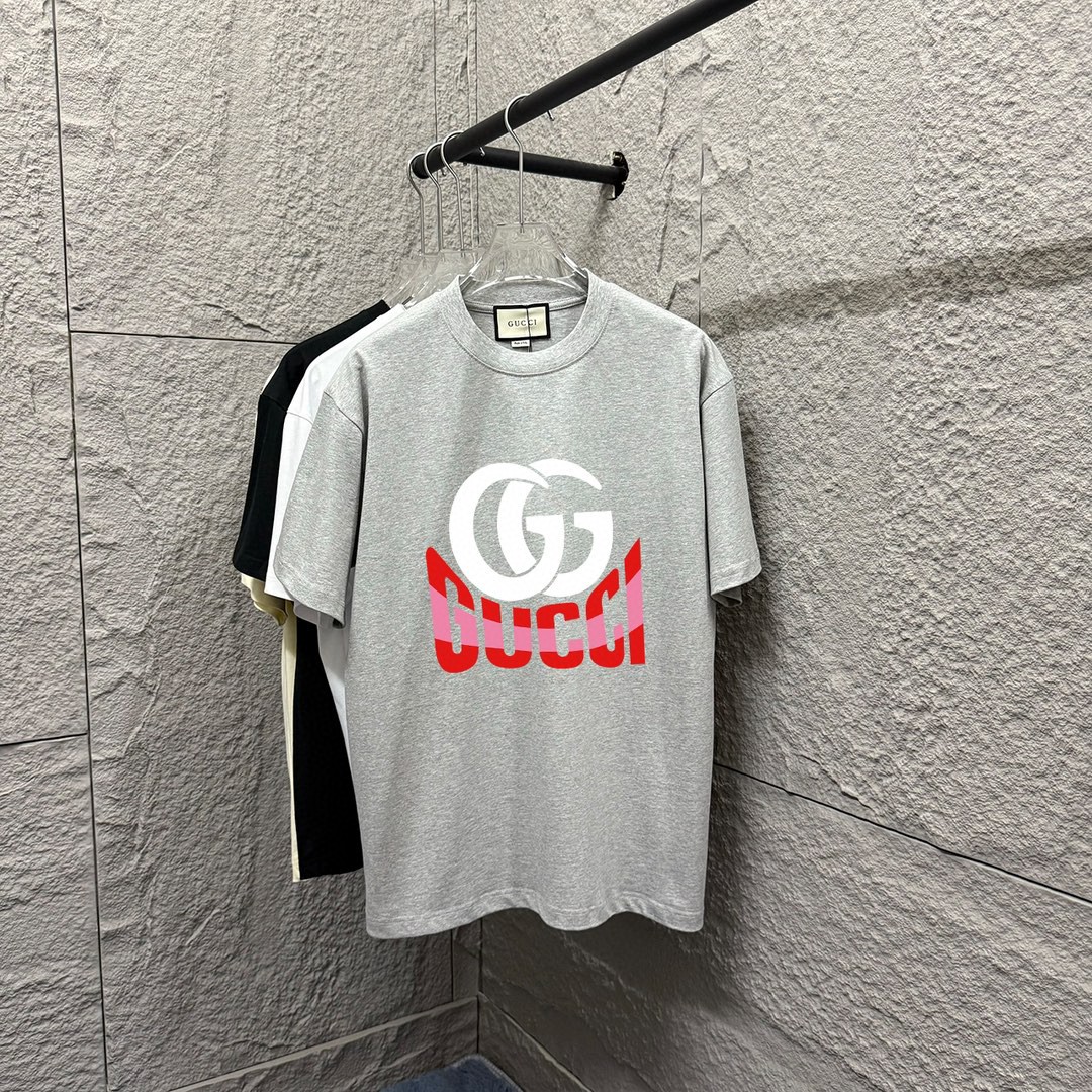 Gucc*Gucci* 2025 primavera-verano nuevo, estampado clásico de doble G en el pecho, camiseta de manga corta, algodón pei…