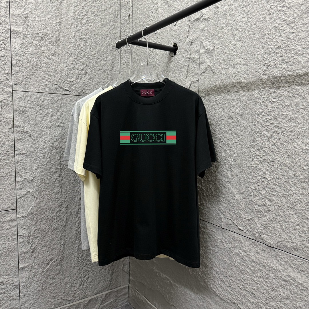 Gu 古*驰 2025 primavera/verano nuevo estilo, camiseta de manga corta con estampado de doble G en el pecho, tejido de algo…