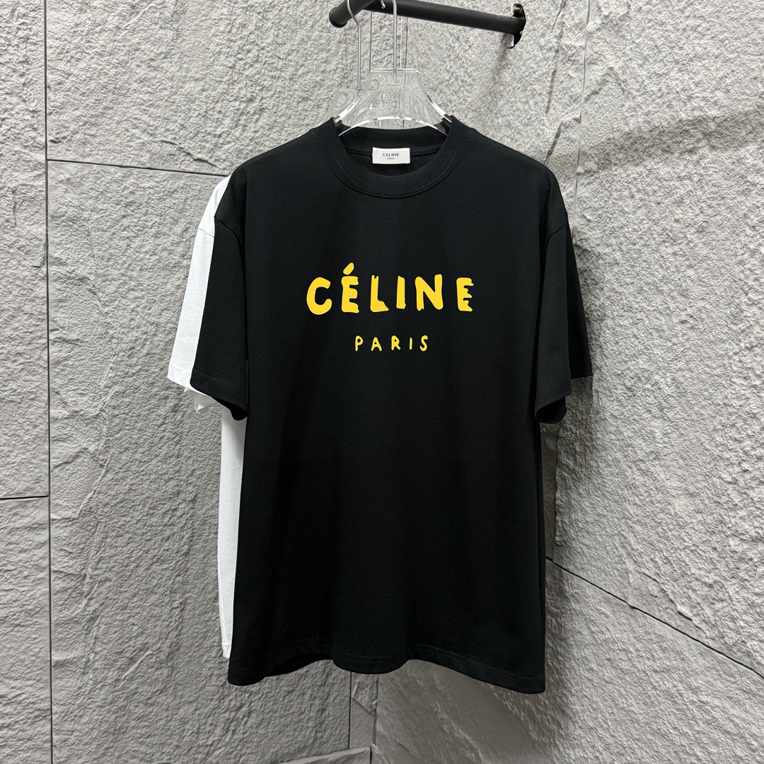 Celi*ne 塞琳 塞林 2025春夏款 简约彩色字母 植绒工艺 个性logo 定制双纱平纹纯棉面料 短袖T恤 男女同款 尺码： S （90-130斤） M （120-150斤） L （140-165斤） XL （160-180斤） X…