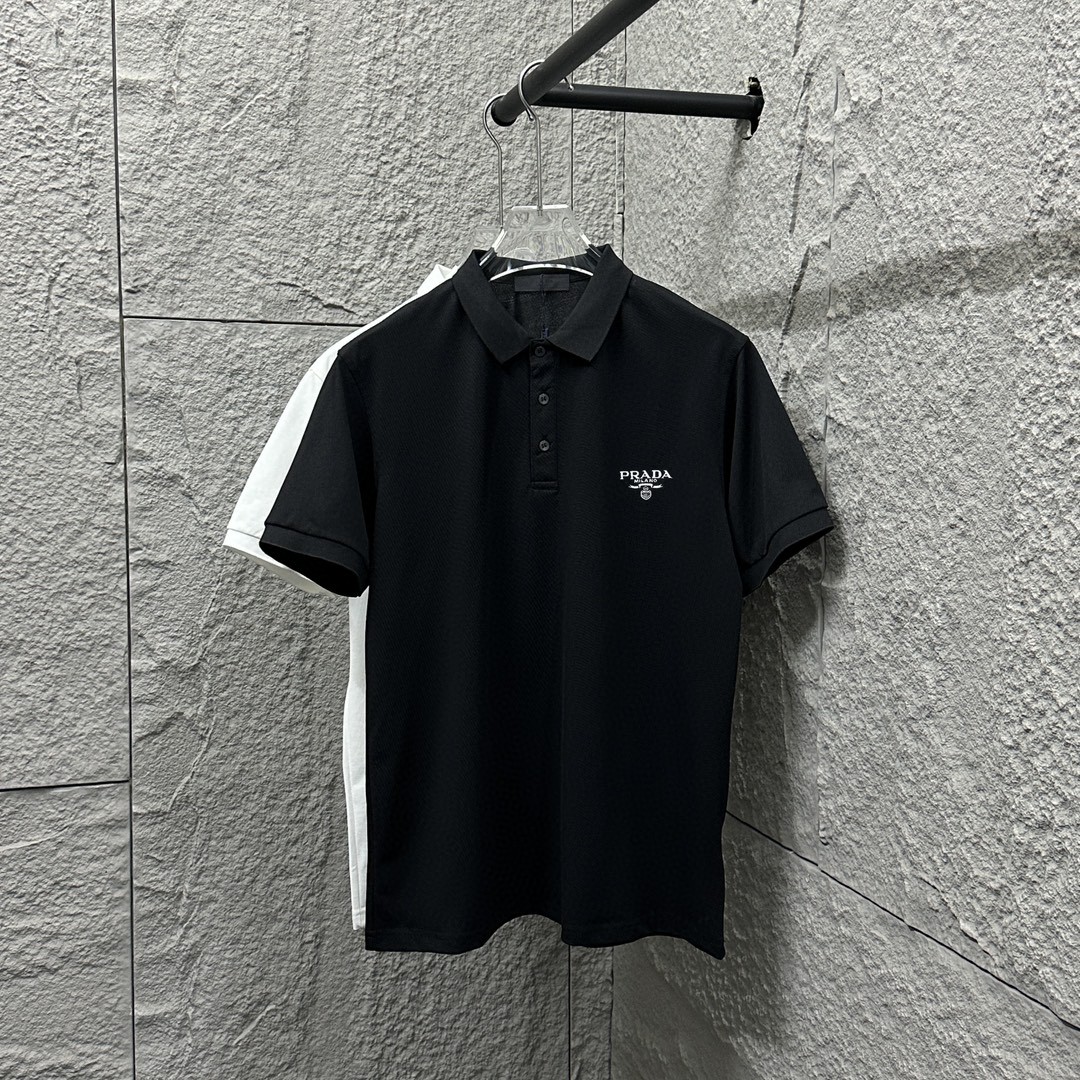 Prad*Pra*da POLO de manga corta 2025 primavera y verano nuevo estilo, tejido de piqué bordado con letras pequeñas simpl…