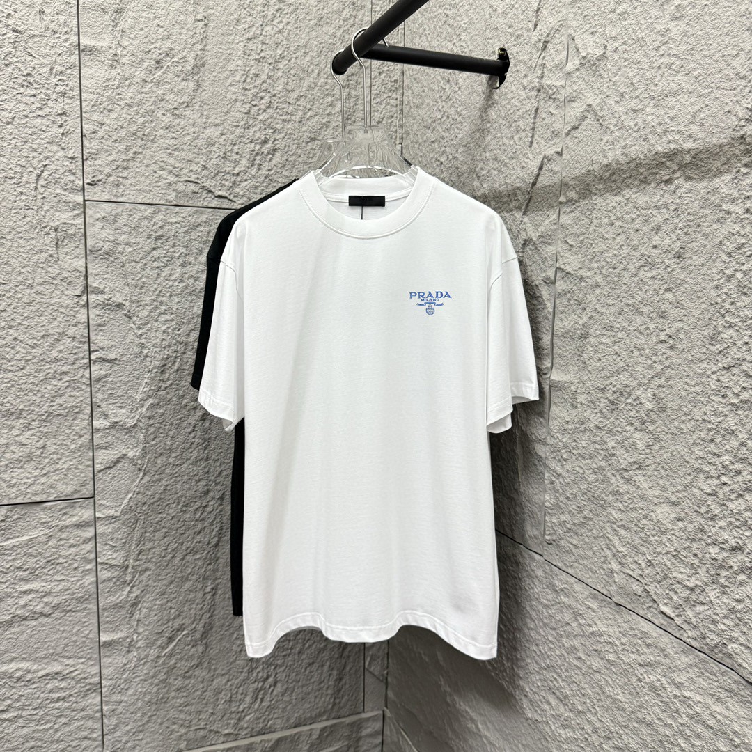 prad* 2025 estilo primavera y verano Logotipo bordado de letras azules personalizado Tejido de algodón liso de doble hi…