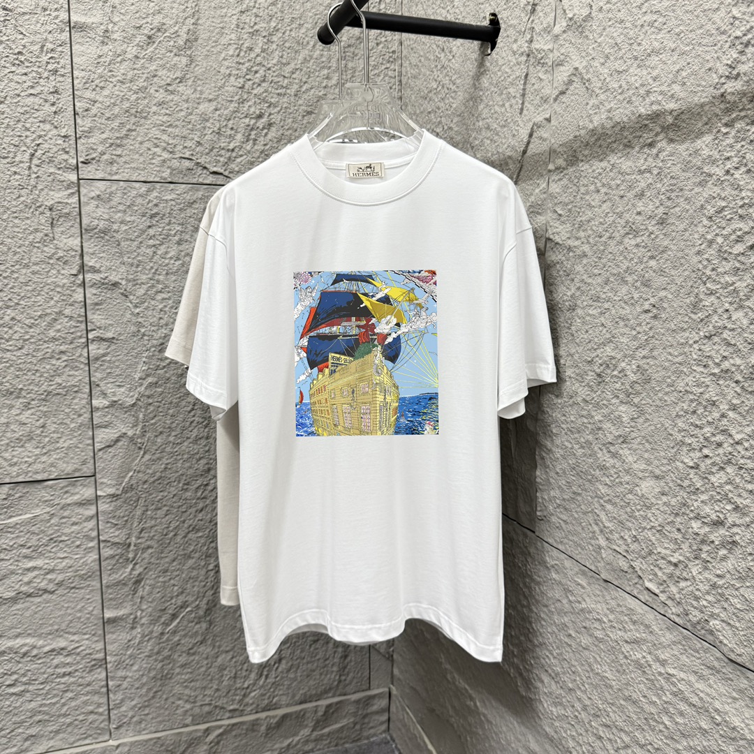 Herme*Hermès* 2025 primavera-verano nuevo estilo, camiseta de manga corta con estampado de cielo, mar y barco…