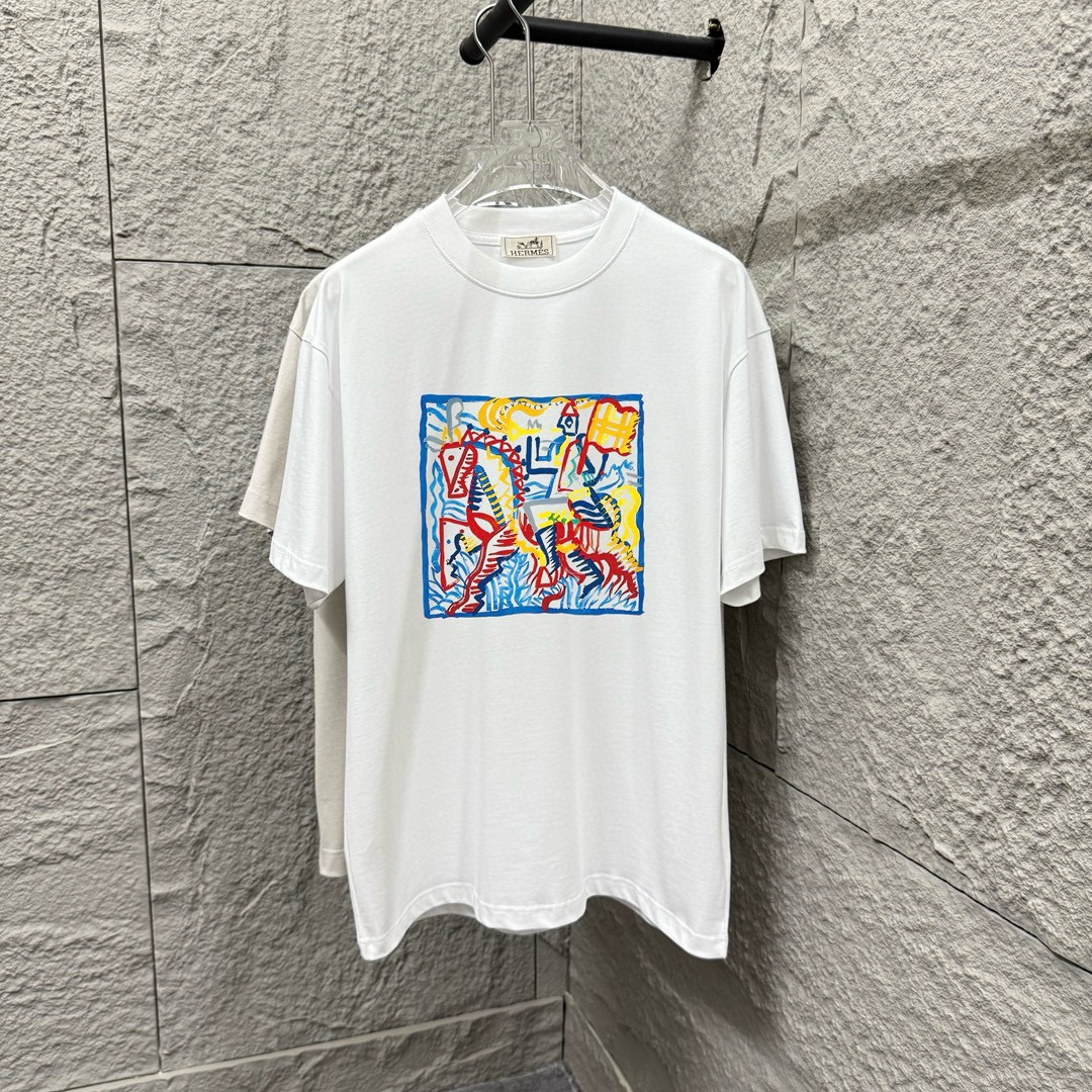Her*Hermès+ 2025 primavera-verano nuevo estilo, camiseta de manga corta con estampado de caballo de líneas ab…
