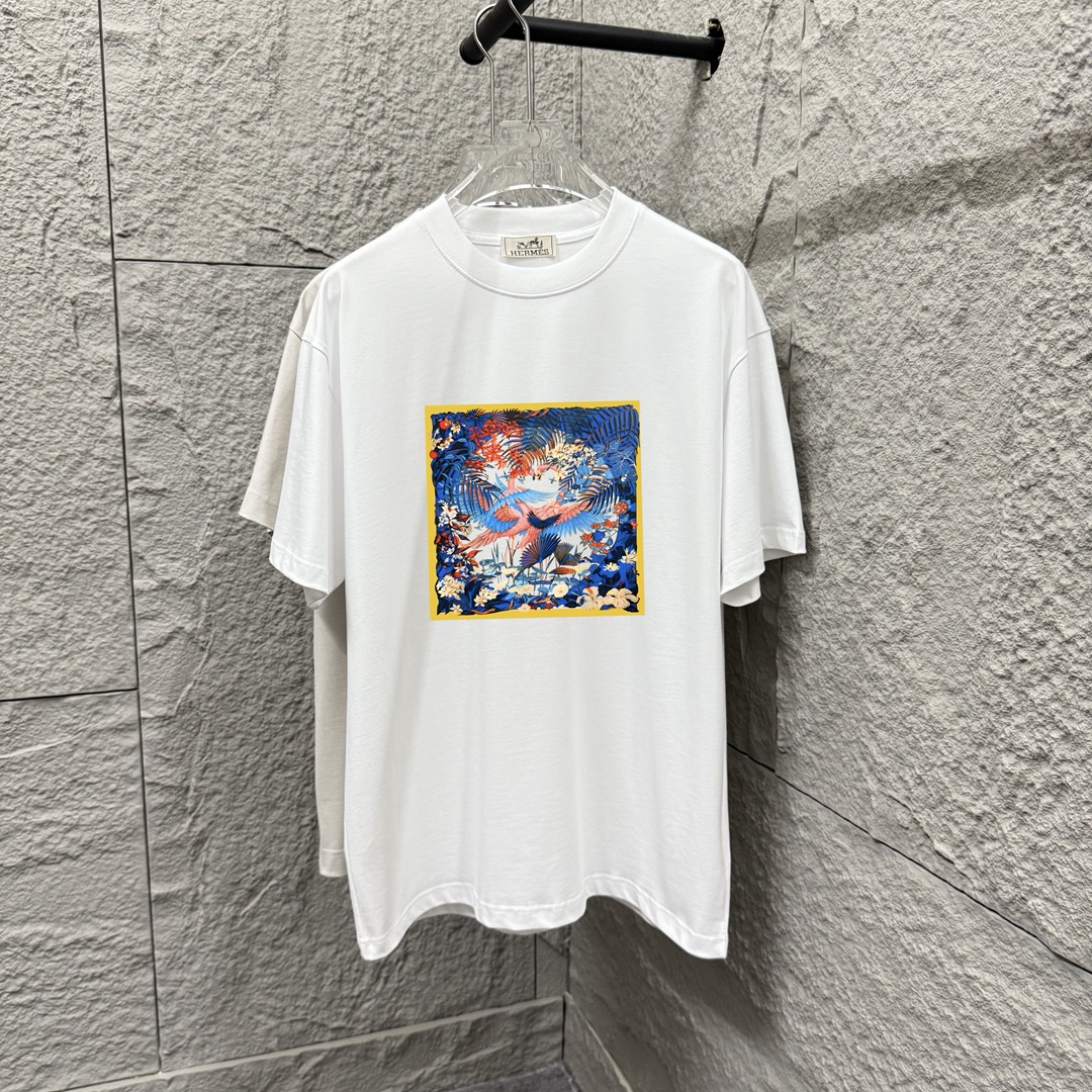Herme*Hermès* 2025 primavera-verano nuevo estilo, camiseta de manga corta con estampado de flamenco en marco cuadrado, …