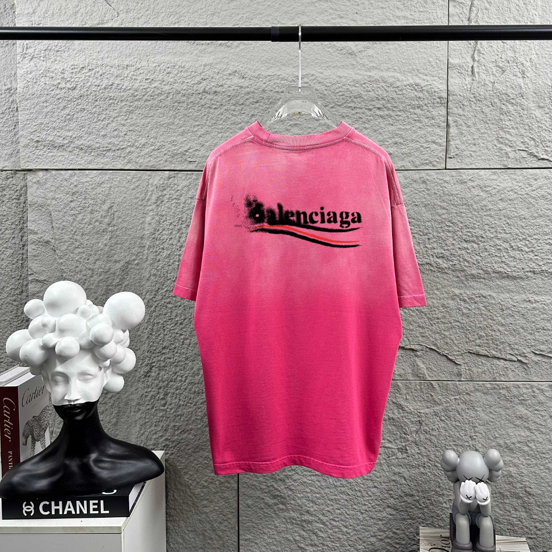 P80 BALENCI*GA París*Nueva temporada de verano, camiseta de manga corta con teñido degradado y efecto desgastado, estam…