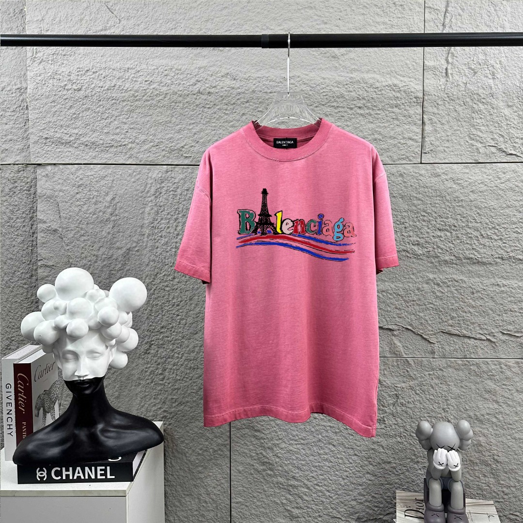 P80 BALENciaga*París*2026 nueva temporada primavera/verano, camiseta de manga corta con efecto desgastado y roto, estam…