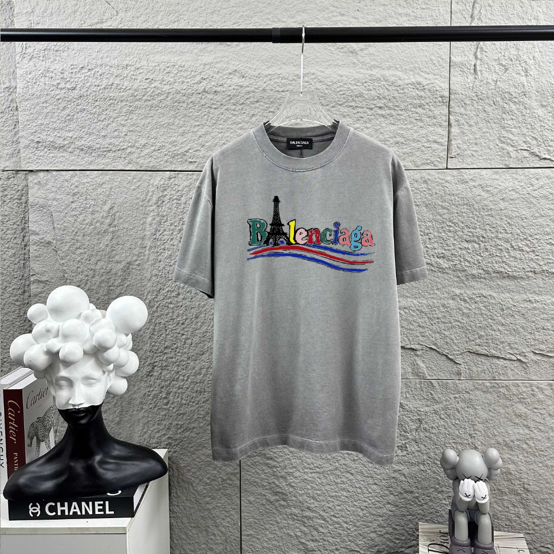 P80 BALENciaga*París*nueva temporada primavera/verano, camiseta de manga corta con efecto desgastado y roto, estampado,…