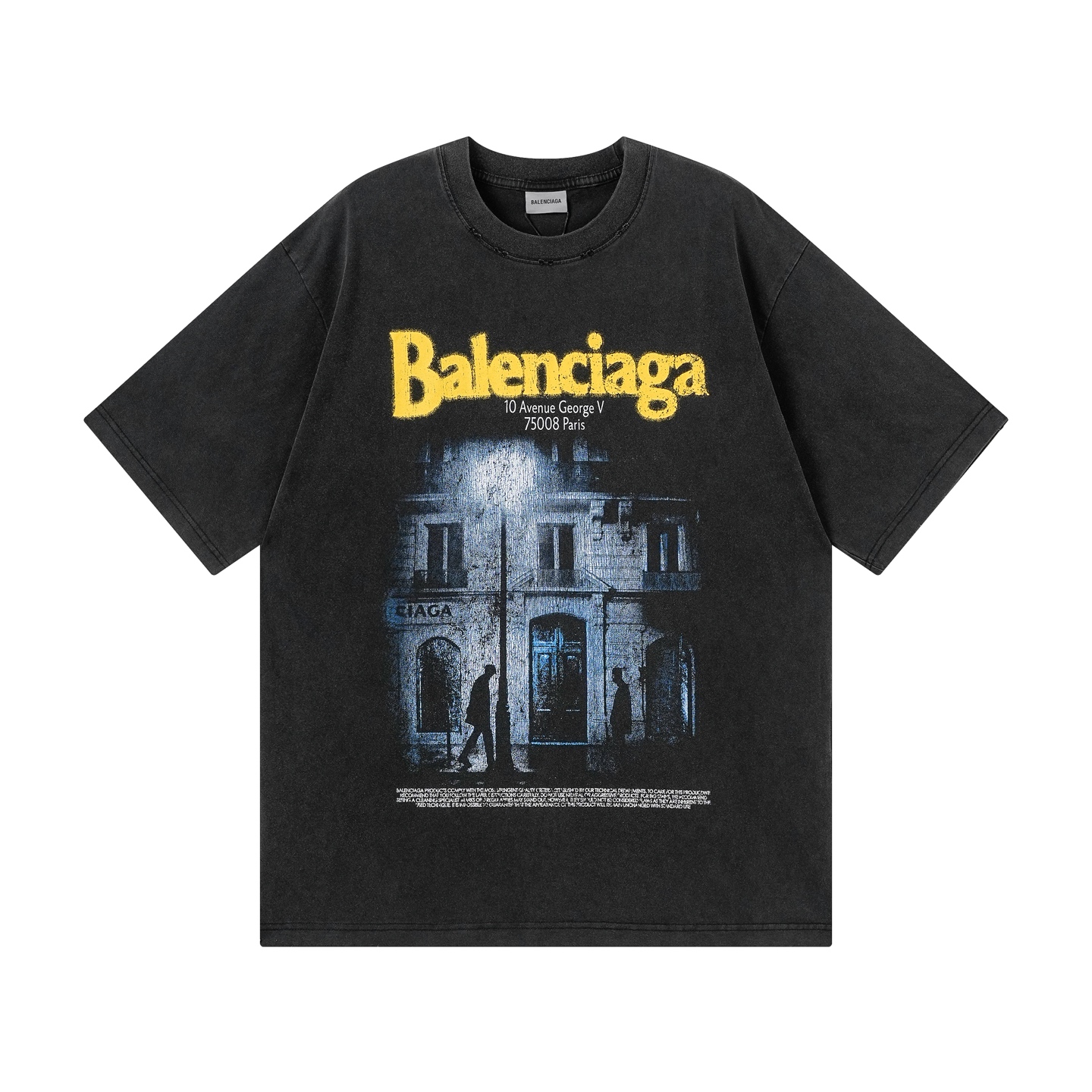 Balenciaga 官网品质BALENCI*GA/巴黎 SS26最新款 前面以Balenclag* 街道夜景建筑图案印花洗水做旧短袖T恤