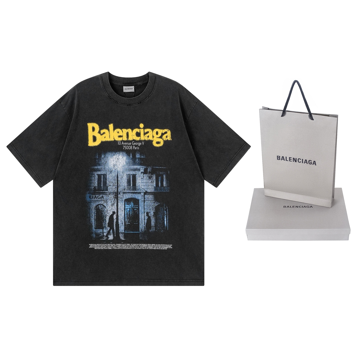 Balenciaga 官网品质BALENCI*GA/巴黎 SS26最新款 前面以Balenclag* 街道夜景建筑图案印花洗水做旧短袖T恤