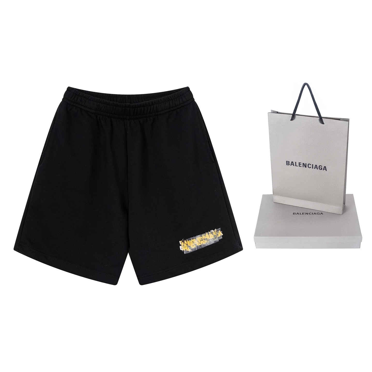 Balenciaga 官网品质BALENCI*GA/巴黎 2026新款 巴黎错乱字母胶带直喷印花磨烂做旧短裤