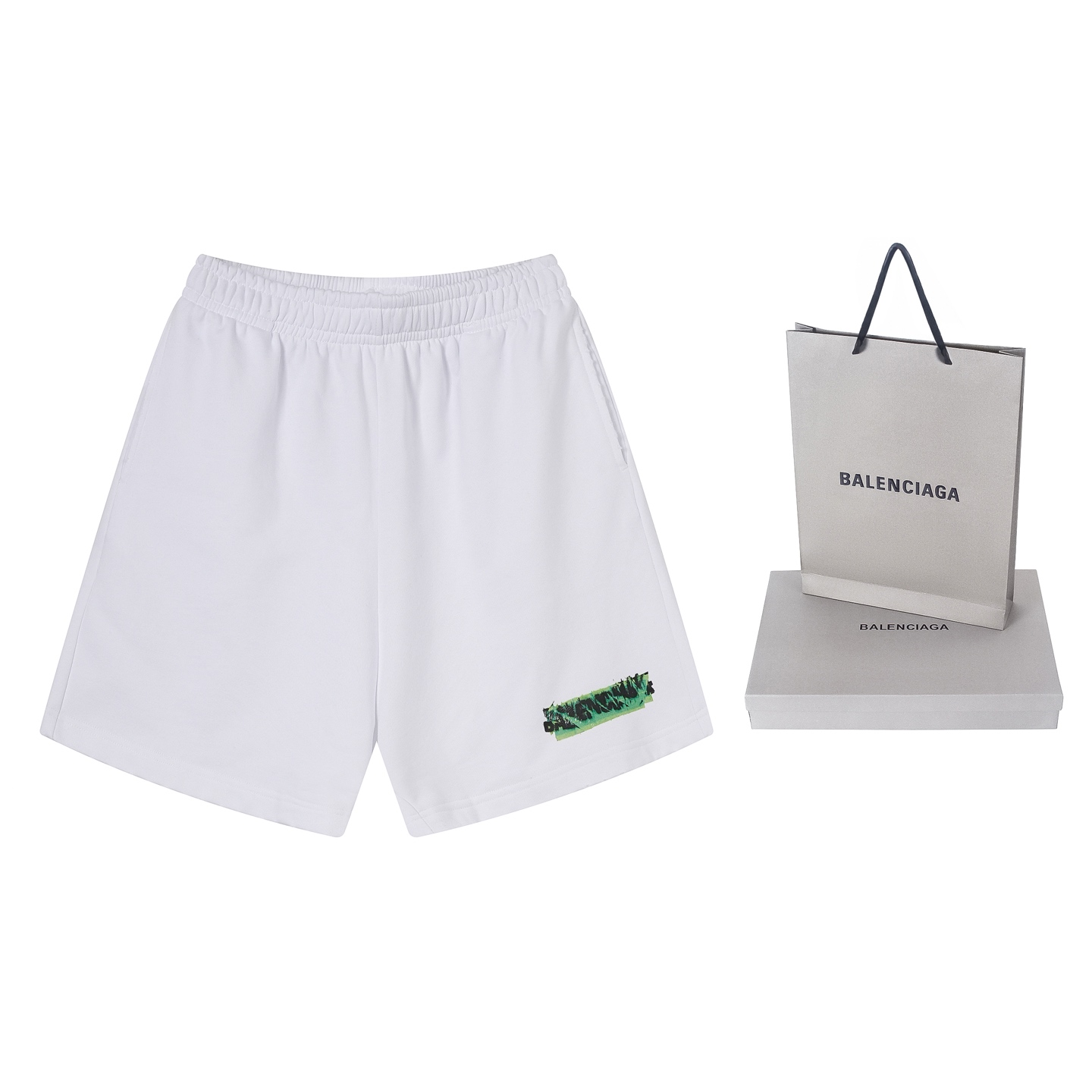 Balenciaga 官网品质BALENCI*GA/巴黎 2026新款 巴黎错乱字母胶带直喷印花磨烂做旧短裤
