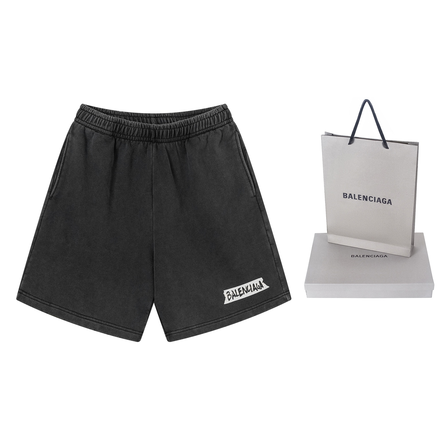 Balenciaga 官网品质BALENCI*GA/巴黎 2026新款 巴黎美纹纸胶带 字母直喷印花洗水磨烂做旧短裤