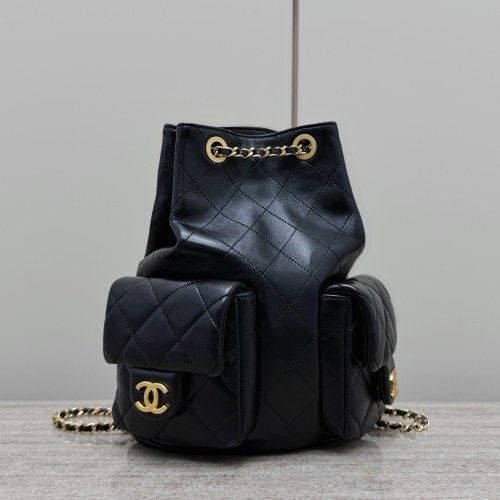 Chanel Drawstring Backpack Black Leather with Chain Straps, 25cm
