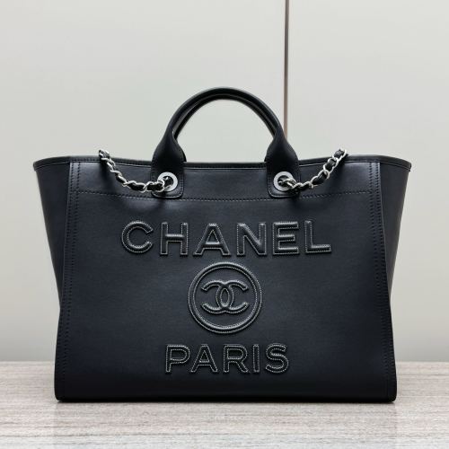 Chanel Black Leather Beach Tote Bag with Chain Accents 1 Chanel Black Leather Beach Tote Bag with Chain Accents