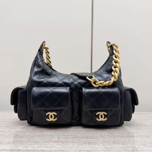 Chanel Black Lambskin Leather Hobo Bag with Chain and Diamond Quilted Design 1 Chanel Black Lambskin Leather Hobo Bag with Chain and Diamond Quilted Design