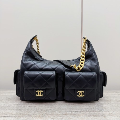 Chanel Quilted Lambskin Hobo Bag with Chain and Pockets