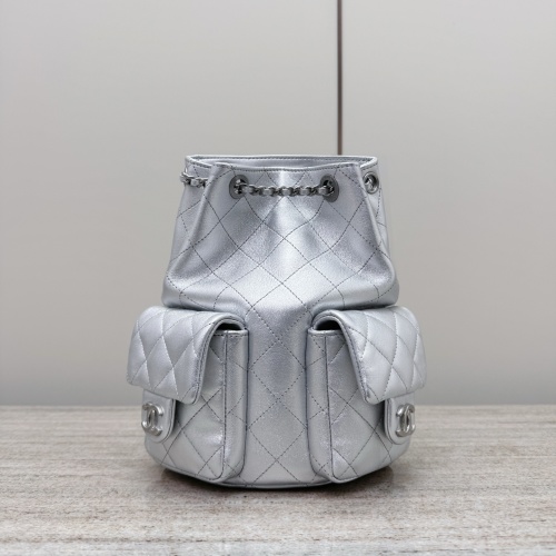 Chanel Duma Bucket Backpack, Silver Lambskin Leather with Gold Hardware