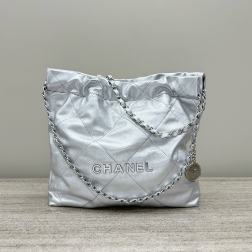 Chanel Silver Quilted Leather Drawstring Bucket Bag with Chain Strap 1 Chanel Silver Quilted Leather Drawstring Bucket Bag with Chain Strap