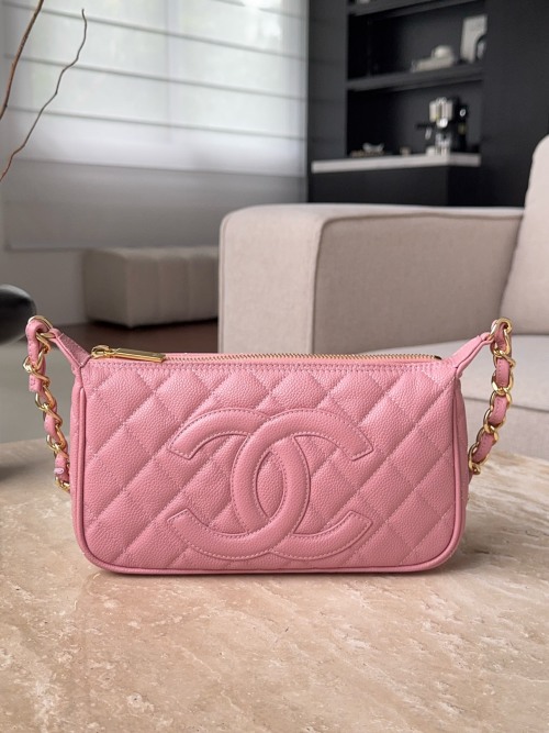 Chanel Pink Quilted Leather Shoulder Bag with Chain Strap & CC Logo 1 Chanel Pink Quilted Leather Shoulder Bag with Chain Strap & CC Logo