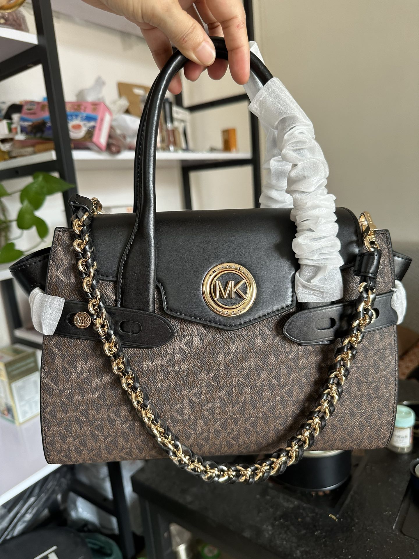 Michael Kors 耳朵包黑色拼棕