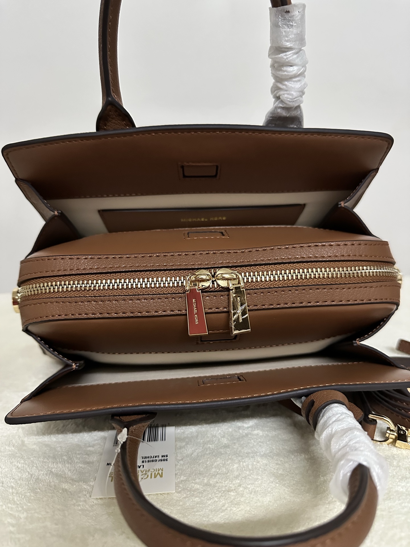 Michael Kors MK Laila 女士小号手提包斜挎包：香草白拼棕
